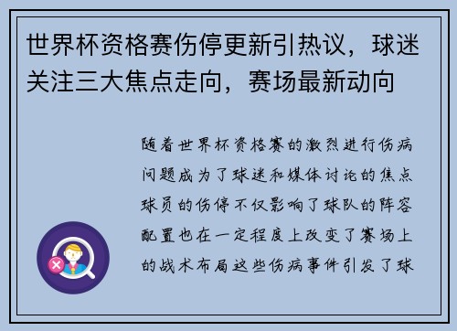 世界杯资格赛伤停更新引热议，球迷关注三大焦点走向，赛场最新动向